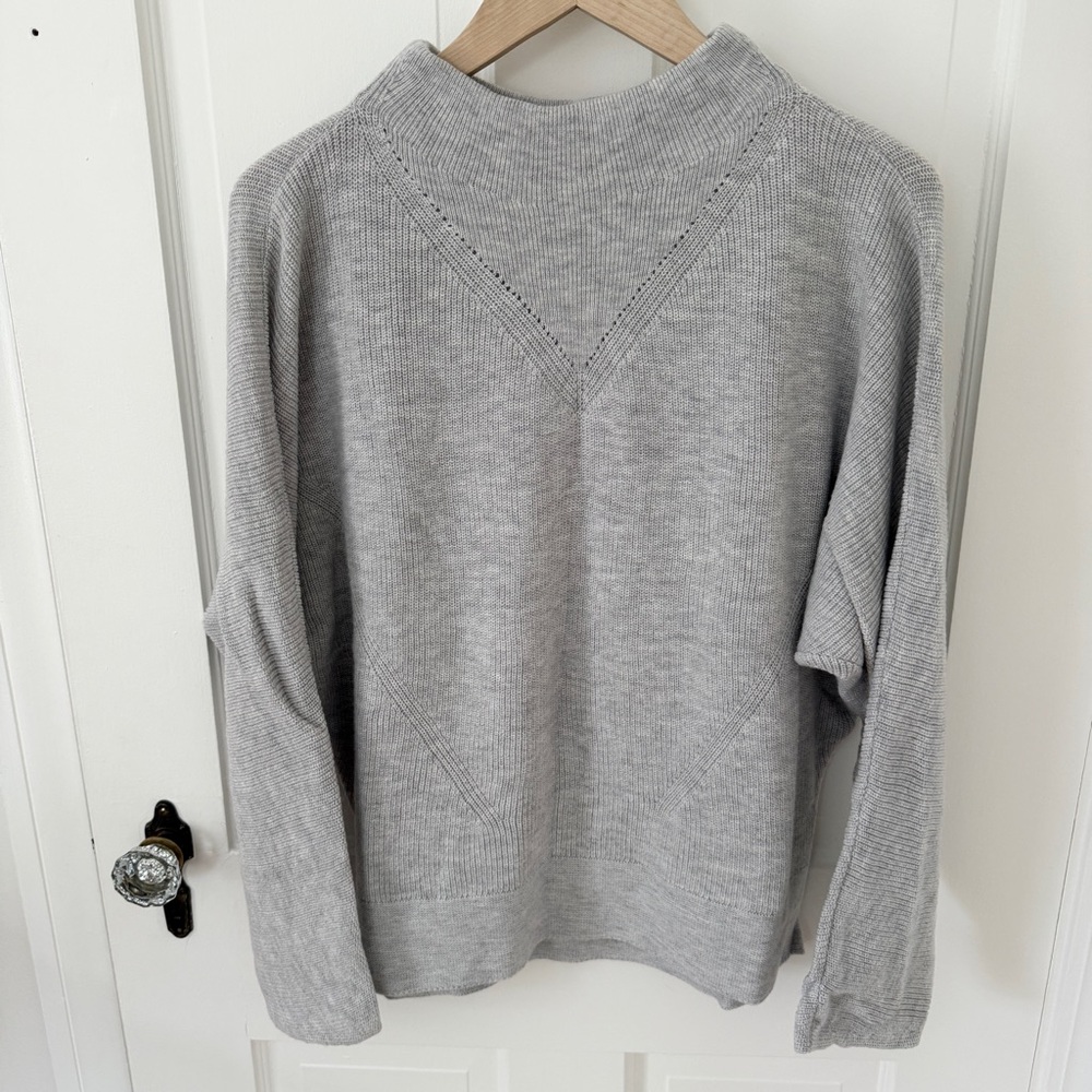 Nic+Zoe Mock Funnel Neck Knit Pullover V-Stitch Sweater Gray Size Medium M